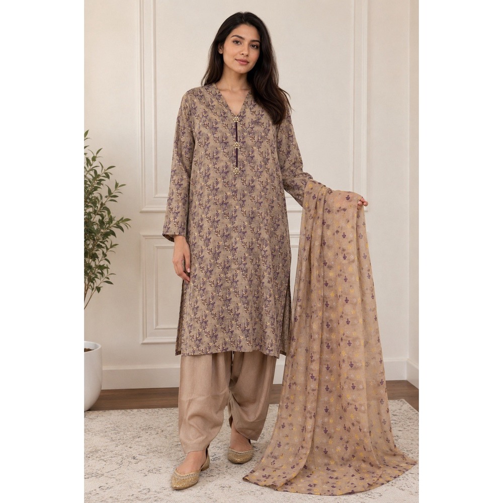 Indian Pakistani Beige Purple Kurta Shalwar Dupatta 3 Piece Set Floral A20